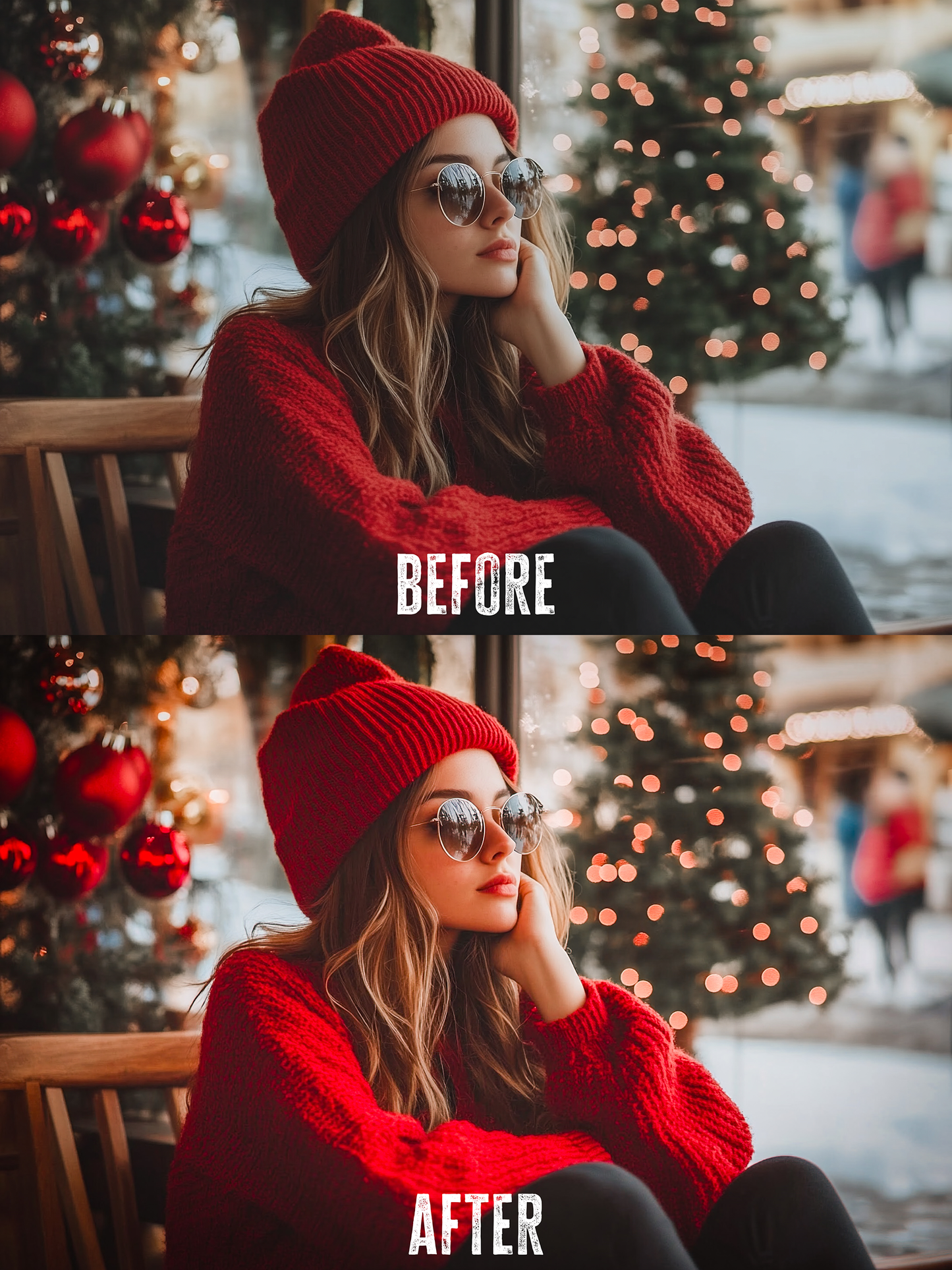 Before and after photo with Christmas Lightroom preset