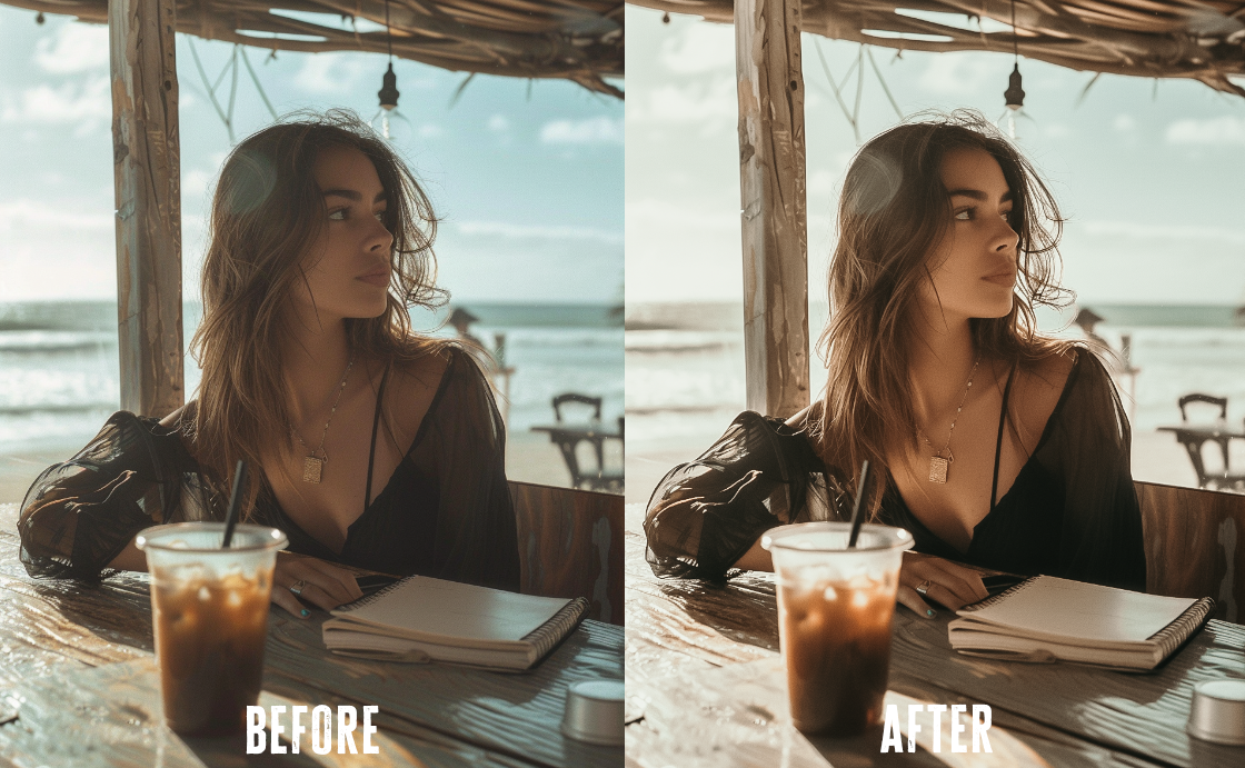 Before and after photo with Azure Escape Lightroom preset