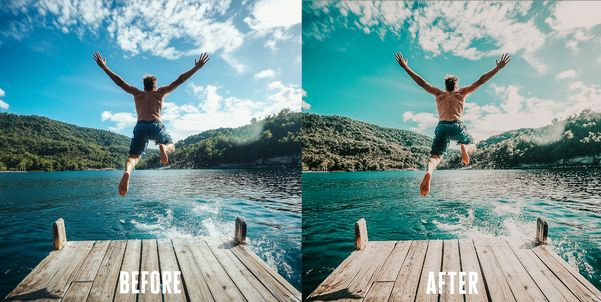 Before and after photo with Azure Escape Lightroom preset
