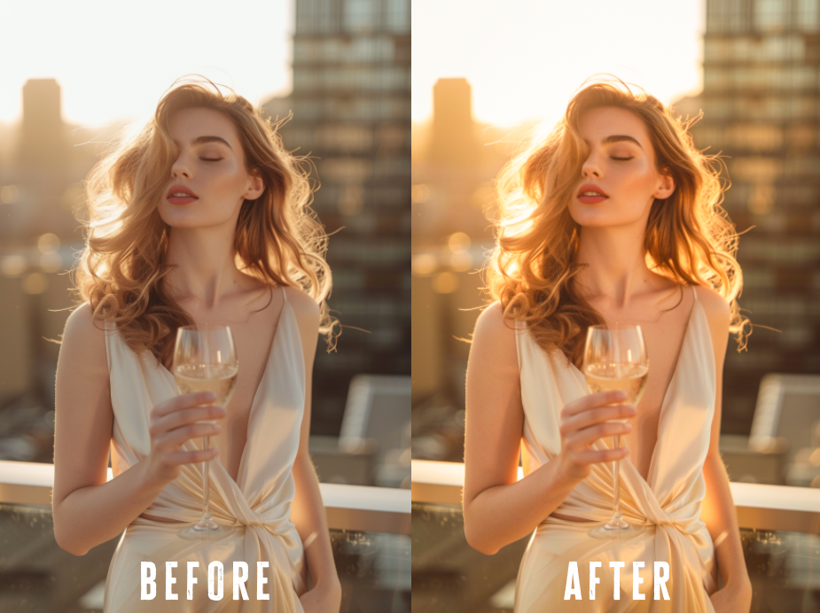 Before and after photo with Champagne Glow Lightroom preset