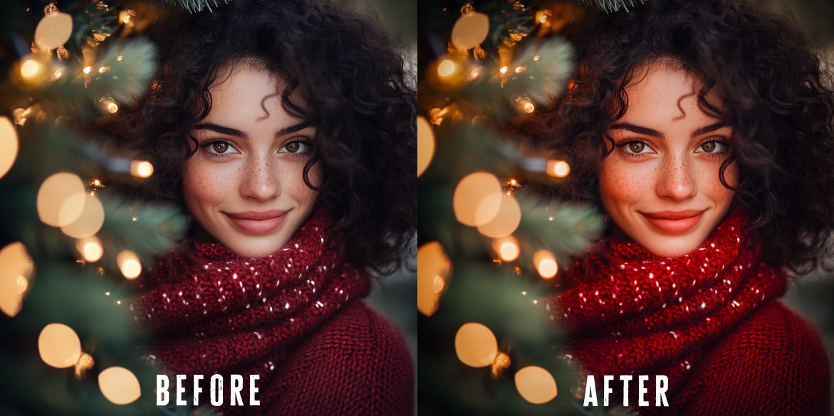 Before and after photo with Christmas Lightroom preset