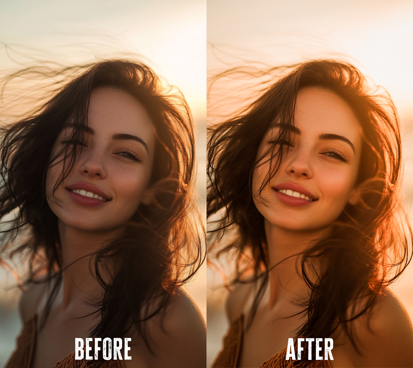 Before and after photo with Golden Hour Lightroom preset