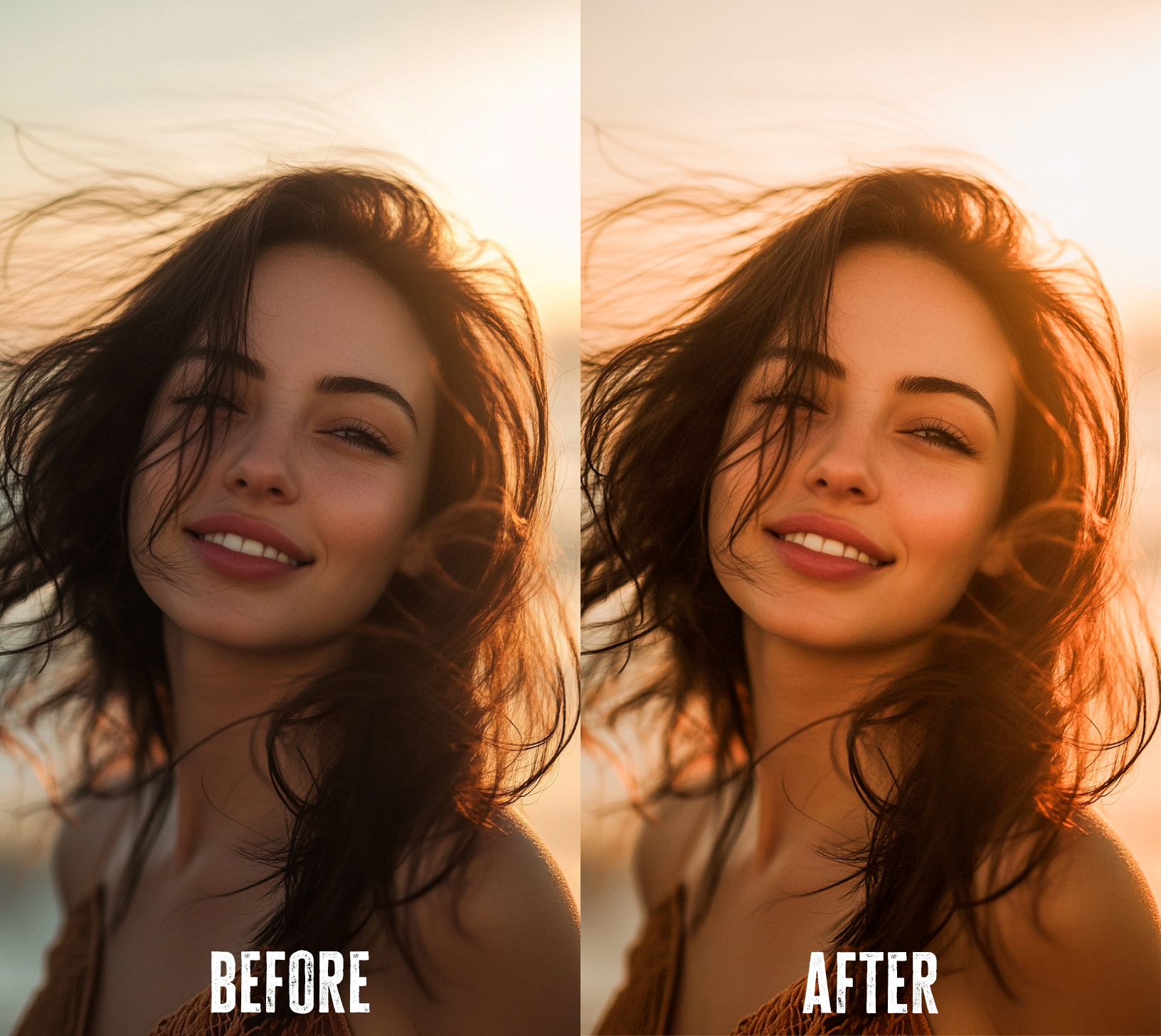 Before and after photo with Golden Hour Lightroom preset