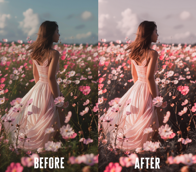 Before and after photo with Rose Blush Lightroom preset