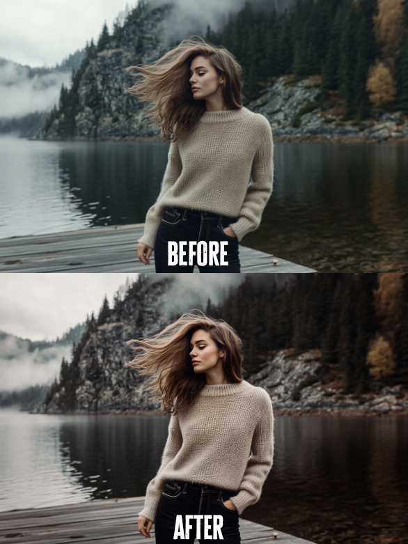Before and after photo with Nordic Woods Lightroom preset
